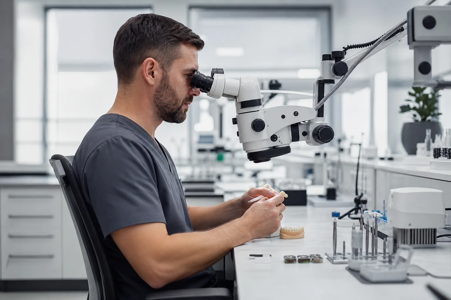 Zahntechniker prüft eine Krone unter dem Dentalmikroskop