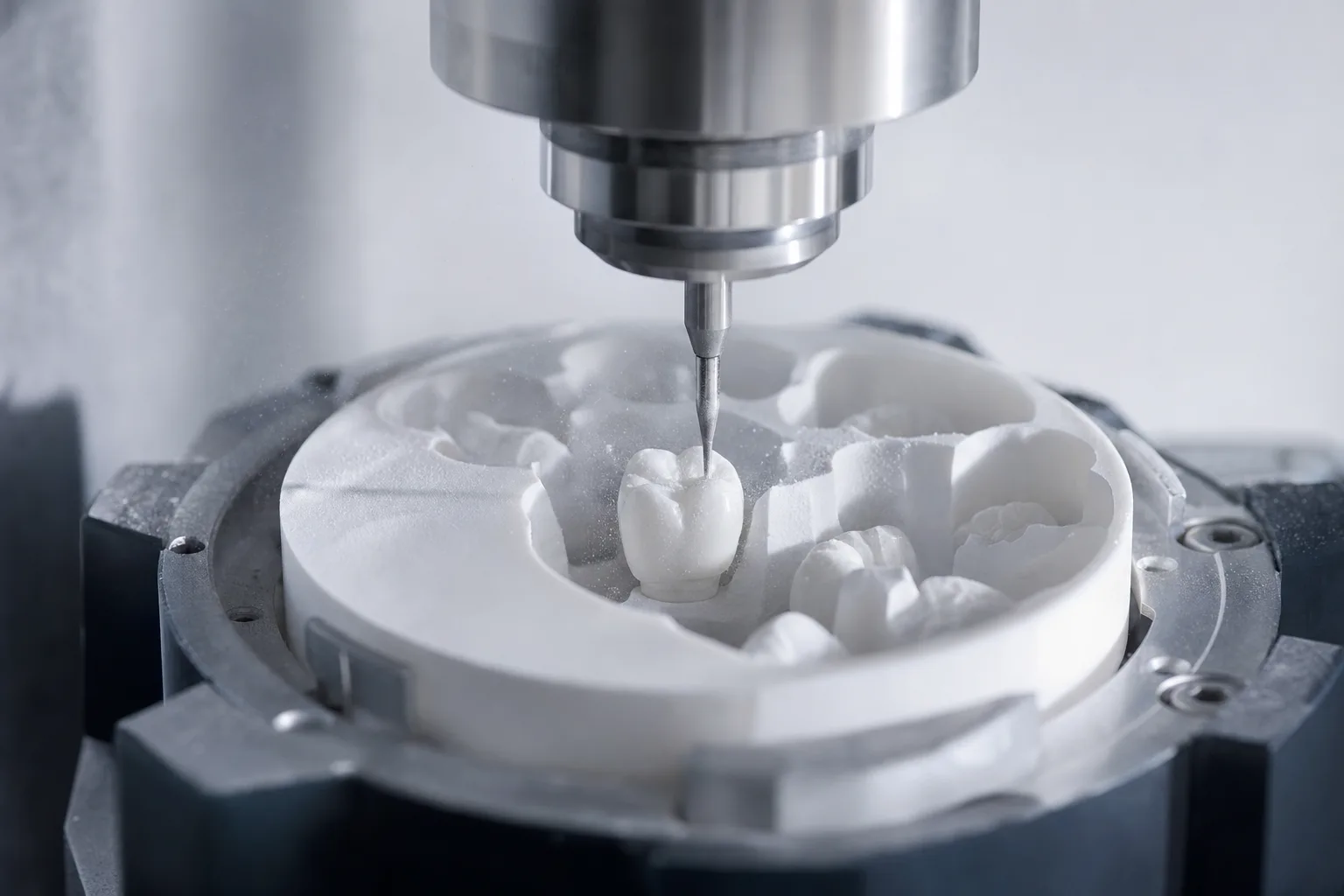 CAD/CAM-Maschine fräst eine Zahnkrone aus einem Keramik-Rohling